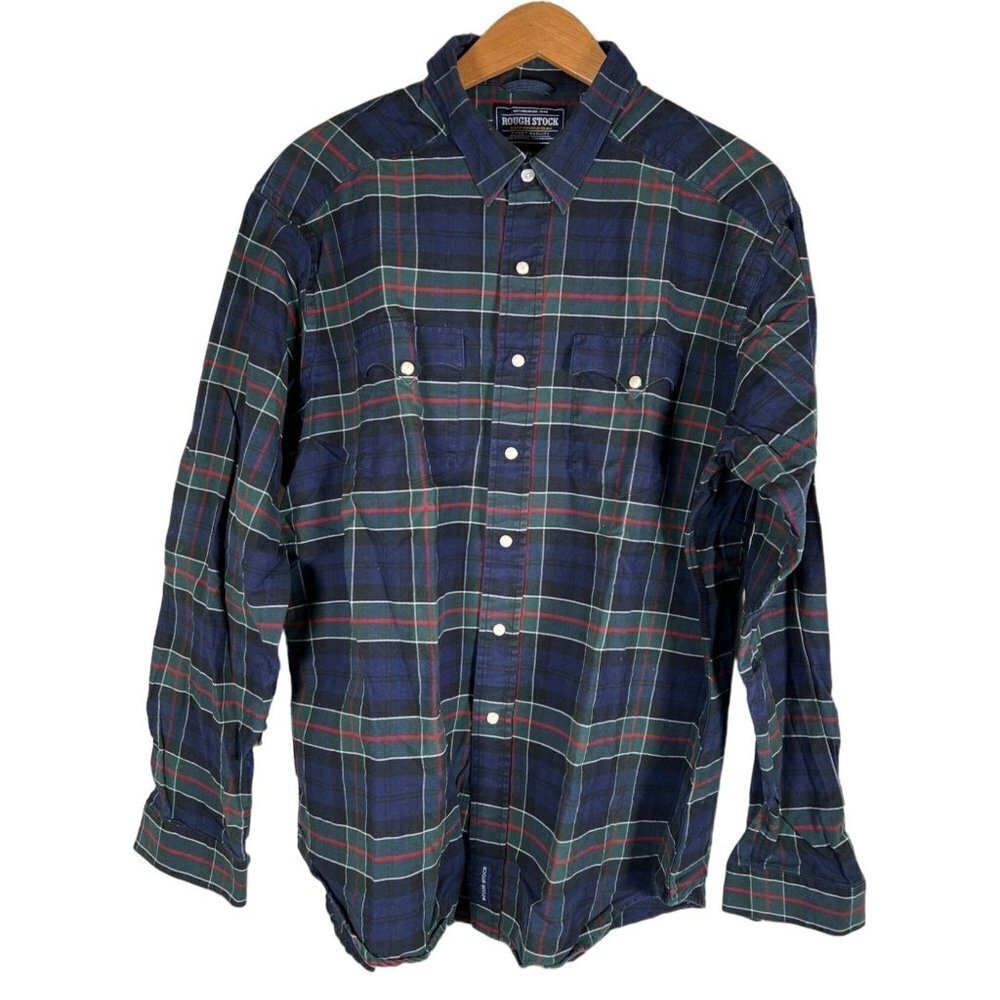 Panhandle Rough Stock Mens Size XL Blue Cotton‎ Tartan Plaid Western Shirt Snaps